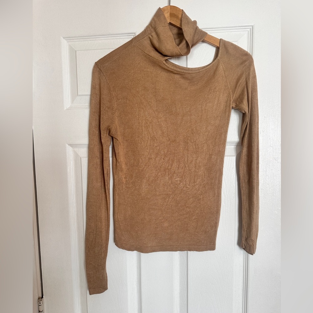 One Grey Day’s Camel Colored Turtleneck Sweater with Collarbone Cutout - XSmall
